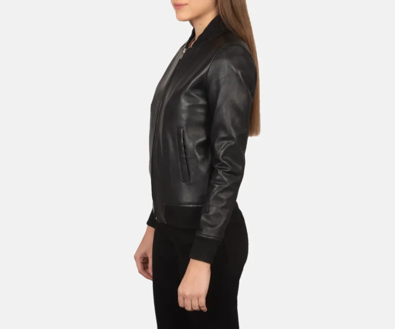 Bliss Black Leather Bomber Jacket Luxury Women's Outerwear — Three-Quarter Editorial Perspective