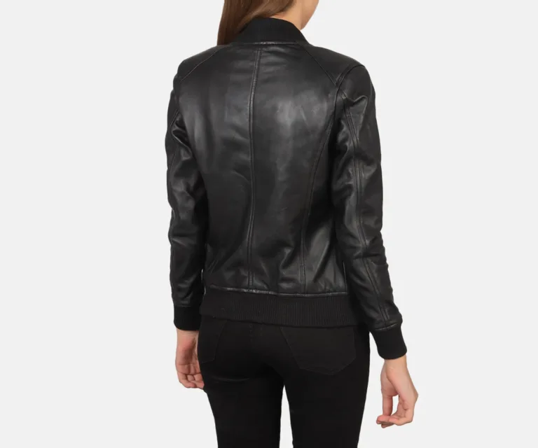 Bliss Black Leather Bomber Jacket Luxury Women's Outerwear — Macro Hardware & Leather Grain