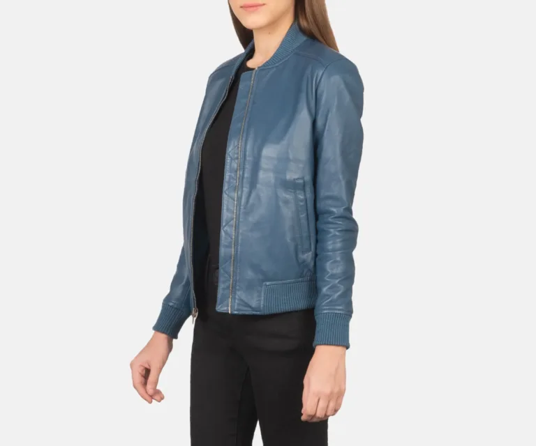 Bliss Blue Leather Bomber Jacket Luxury Women's Outerwear — Three-Quarter Editorial Perspective