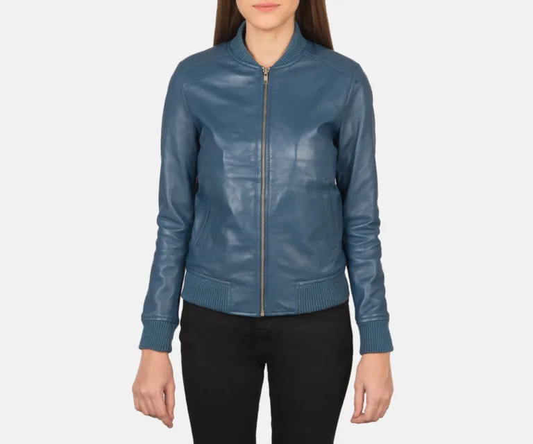 Bliss Blue Leather Bomber Jacket Luxury Women's Outerwear — Rear Profile & Tailored Seaming