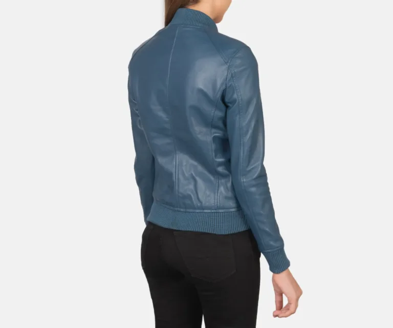 Bliss Blue Leather Bomber Jacket Luxury Women's Outerwear — Macro Hardware & Leather Grain