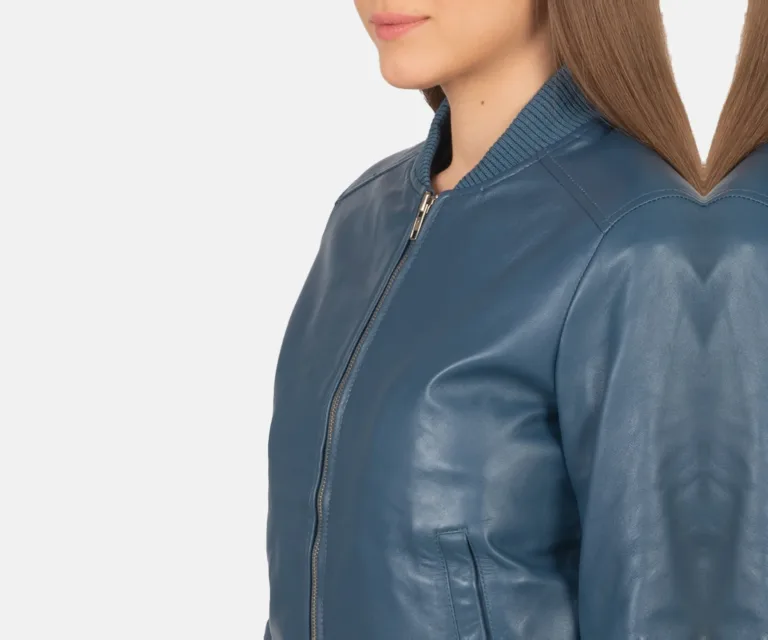 Bliss Blue Leather Bomber Jacket Luxury Women's Outerwear — Full-Length Silhouette & Drape