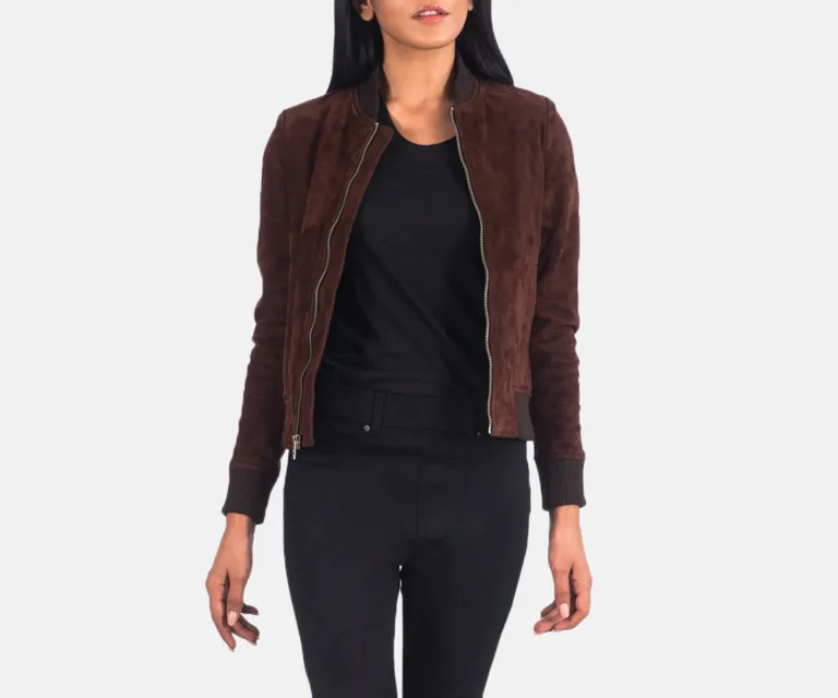Bliss Brown Suede Bomber Jacket Luxury Women's Outerwear — Front Silhouette Hero Presentation