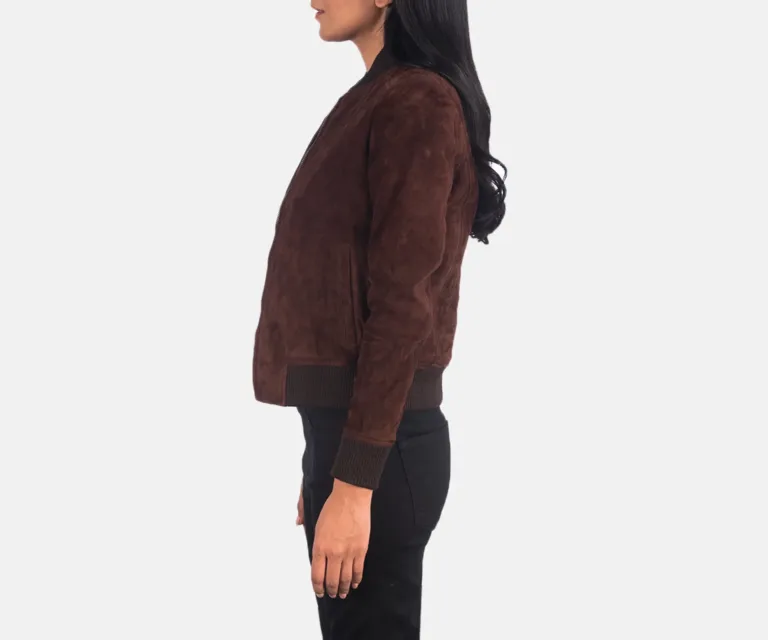 Bliss Brown Suede Bomber Jacket Luxury Women's Outerwear — Three-Quarter Editorial Perspective