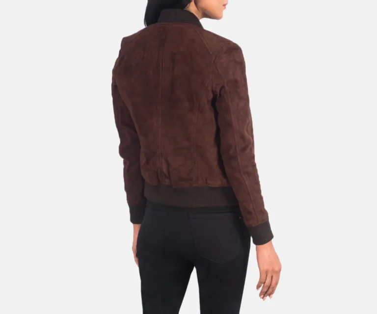 Bliss Brown Suede Bomber Jacket Luxury Women's Outerwear — Macro Hardware & Leather Grain