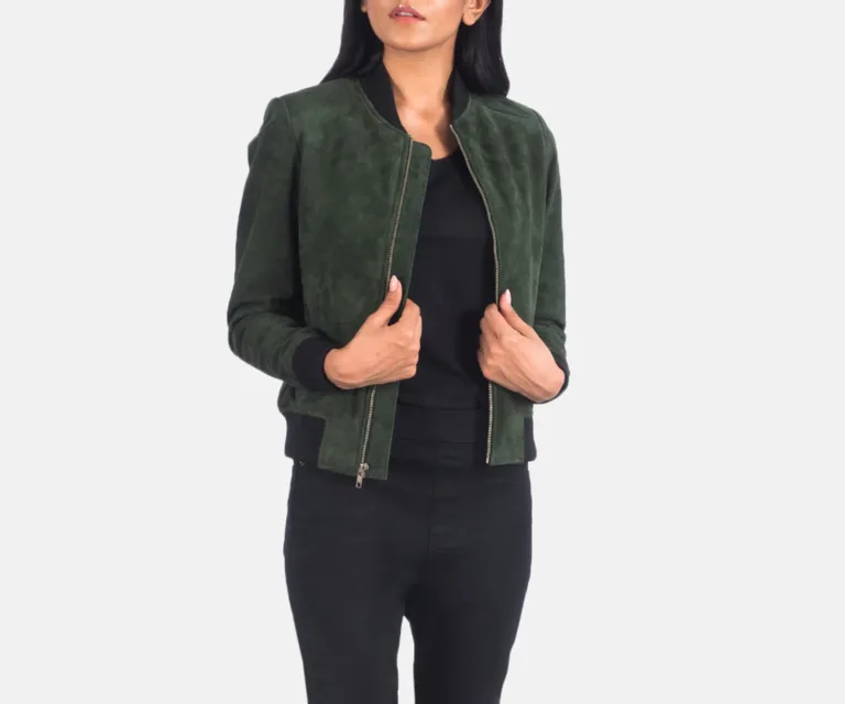 Bliss Green Suede Bomber Jacket Luxury Women's Outerwear — Front Silhouette Hero Presentation
