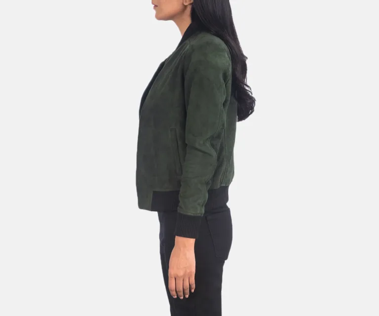 Bliss Green Suede Bomber Jacket Luxury Women's Outerwear — Three-Quarter Editorial Perspective