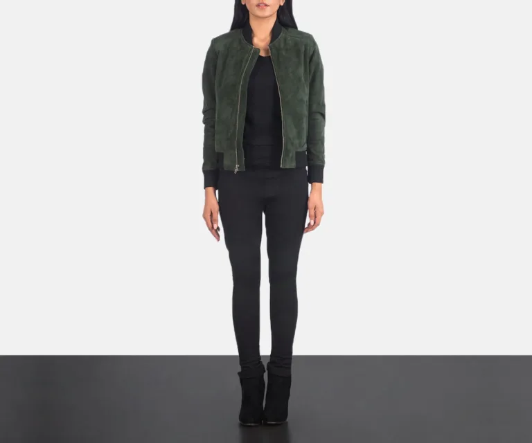Bliss Green Suede Bomber Jacket Luxury Women's Outerwear — Collar & Ribbed Trim Architecture