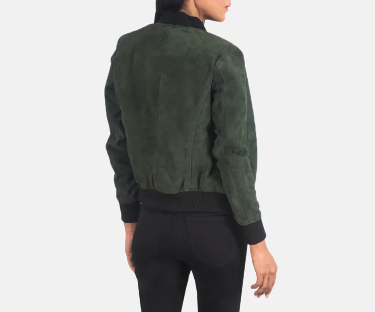 Bliss Green Suede Bomber Jacket Luxury Women's Outerwear — Macro Hardware & Leather Grain