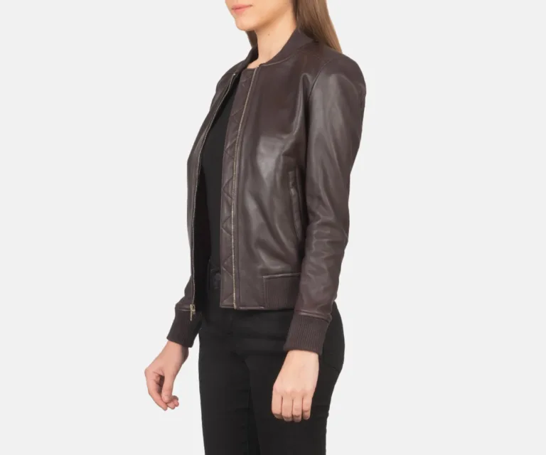 Bliss Maroon Leather Bomber Jacket Luxury Women's Outerwear — Three-Quarter Editorial Perspective