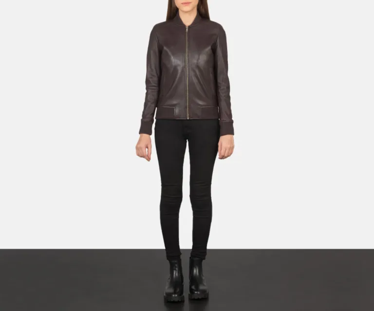 Bliss Maroon Leather Bomber Jacket Luxury Women's Outerwear — Collar & Ribbed Trim Architecture