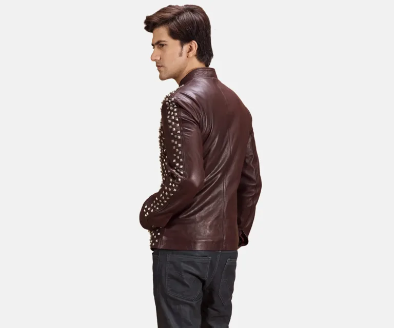 Blix Bono Maroon Leather Biker Jacket — Quarter Angle Profile & Contoured Sleeve Detail