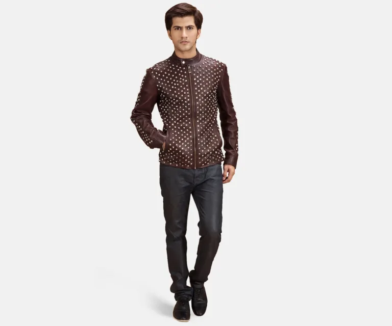 Blix Bono Maroon Leather Biker Jacket — Front Zipped Placket & Collar Detail