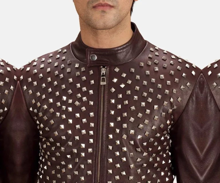 Blix Bono Maroon Leather Biker Jacket — Full-Length Model Editorial Presentation