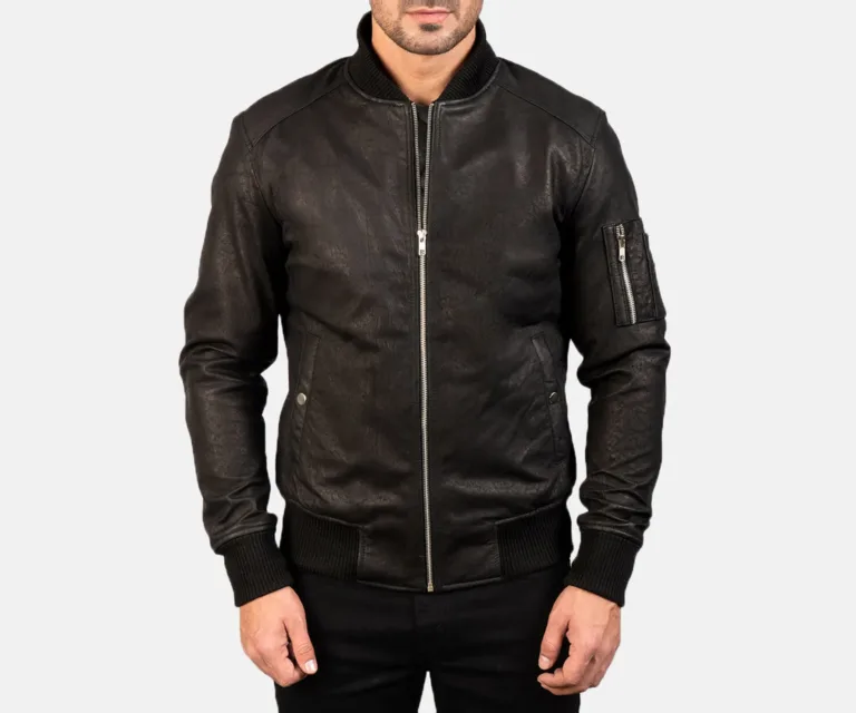 Bomia MA-1 Distressed Black Leather Bomber Jacket — view 2