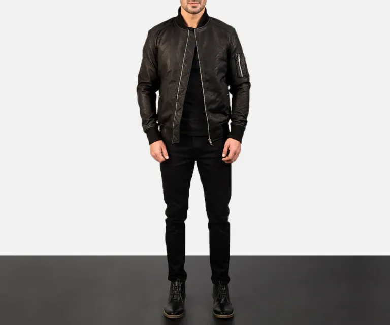 Bomia MA-1 Distressed Black Leather Bomber Jacket — view 3