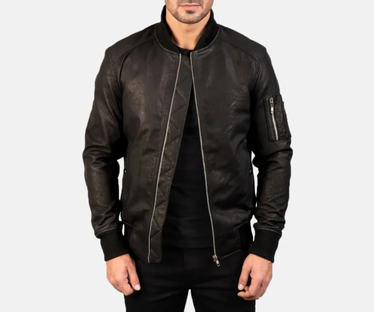 Bomia MA-1 Distressed Black Leather Bomber Jacket — view 4