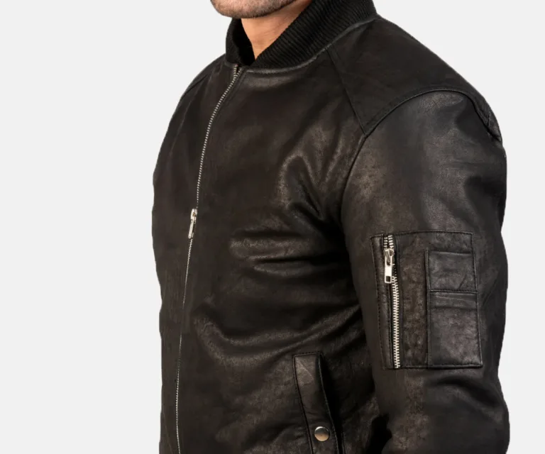 Bomia MA-1 Distressed Black Leather Bomber Jacket — view 6