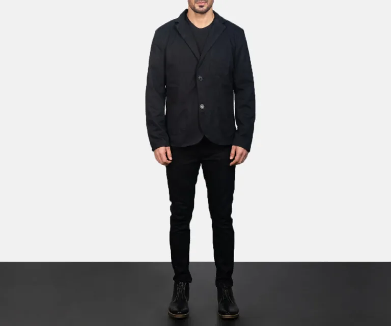 Borges Black Blazer — Front Lapel Closure & Button Detail
