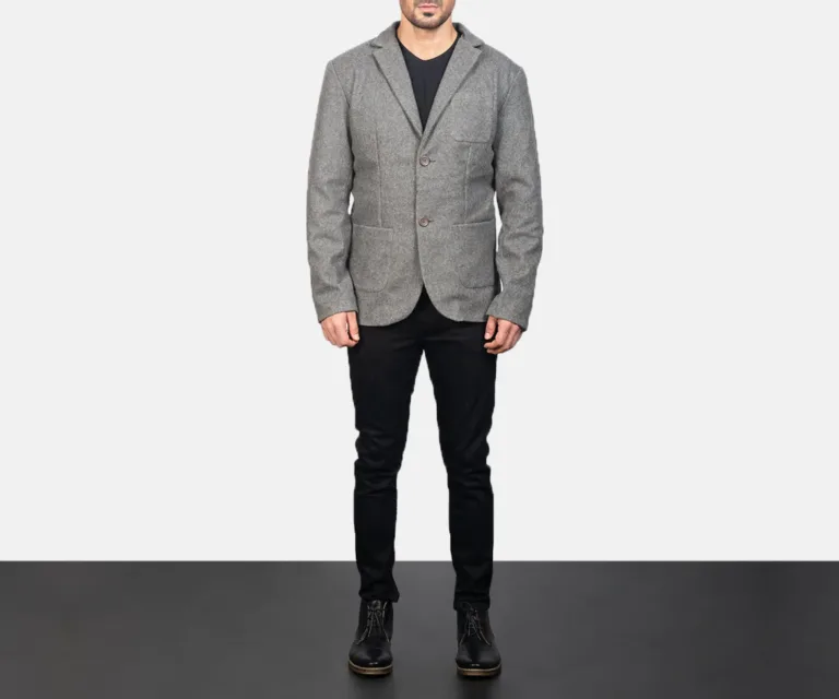 Borges Grey Wool Blazer — Front Lapel Closure & Button Detail