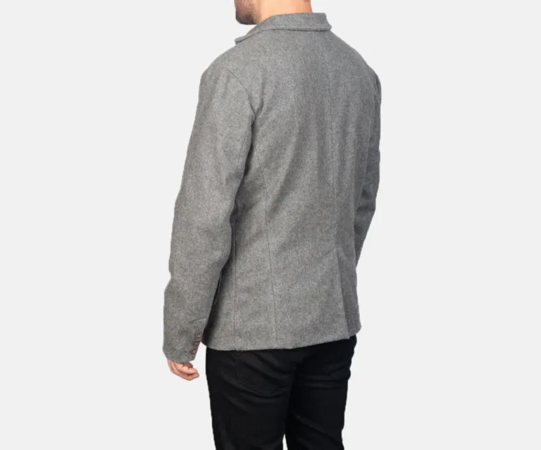 Borges Grey Wool Blazer — Macro Detail Leather Grain, Stitching & Buttons