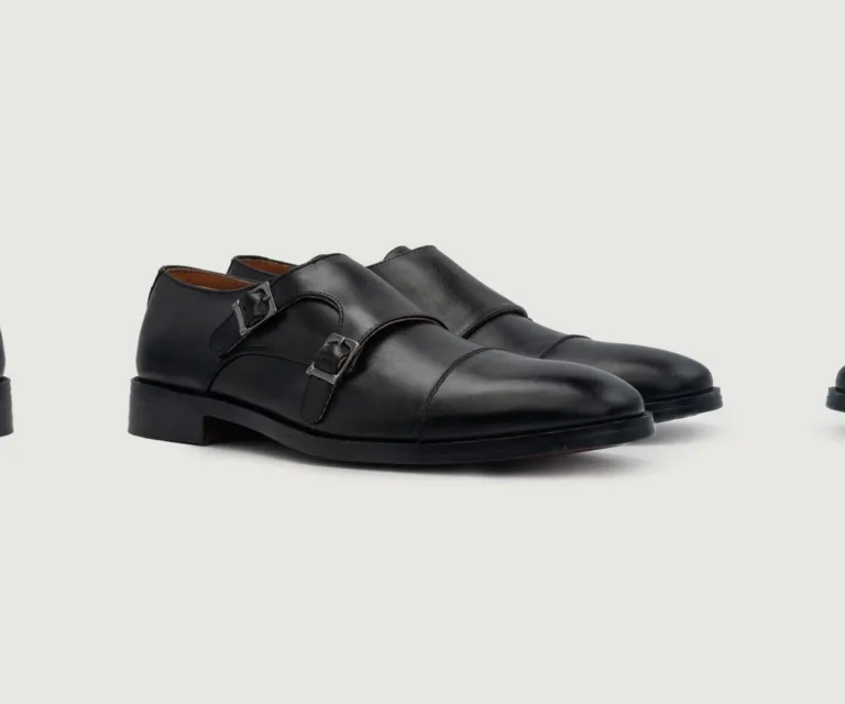 Boston Double Monk Strap Black Leather Shoes Handcrafted Men's Footwear — Lateral Profile Hero View