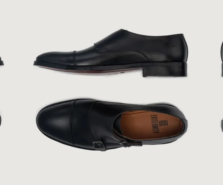 Boston Double Monk Strap Black Leather Shoes Handcrafted Men's Footwear — Toe Cap & Vamp Detail