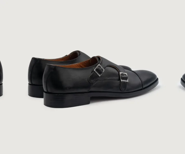 Boston Double Monk Strap Black Leather Shoes Handcrafted Men's Footwear — Heel Counter & Rear View