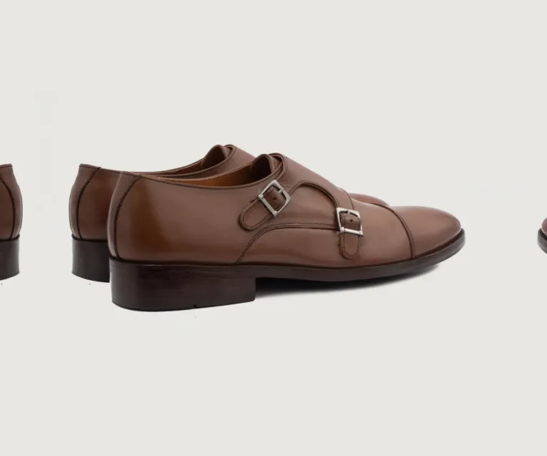 Boston Double Monk Strap Brown Leather Shoes Handcrafted Men's Footwear — Toe Cap & Vamp Detail