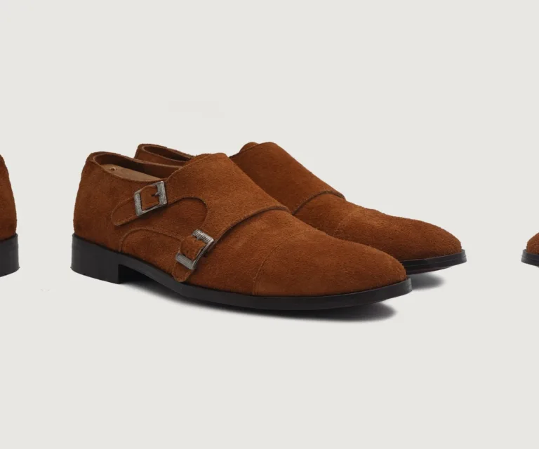 Boston Double Monk Strap Brown Suede Leather Shoes Handcrafted Men's Footwear — Lateral Profile Hero View