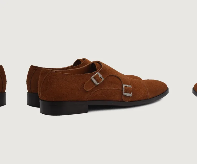 Boston Double Monk Strap Brown Suede Leather Shoes Handcrafted Men's Footwear — Toe Cap & Vamp Detail