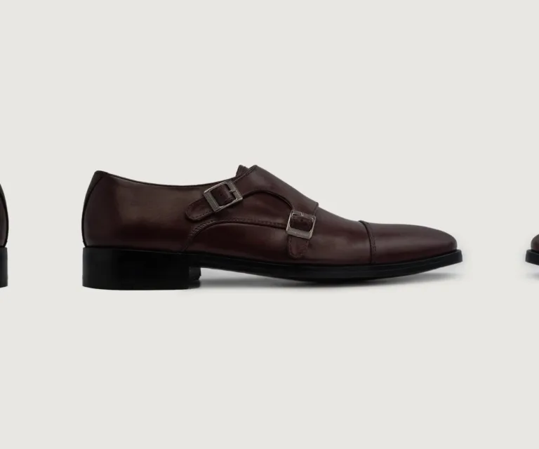 Boston Double Monk Strap Maroon Leather Shoes Handcrafted Men's Footwear — Three-Quarter Perspective