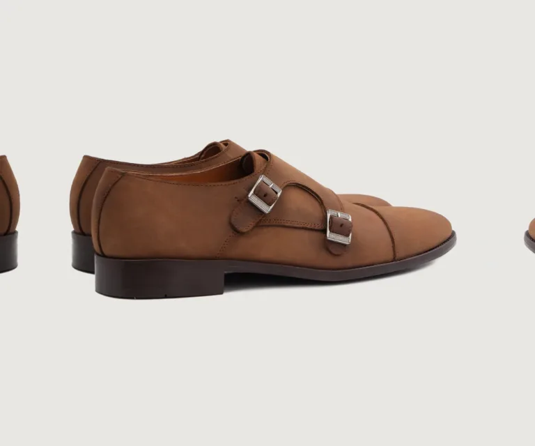 Boston Double Monk Strap Oil Pull-up Brown Leather Shoes Handcrafted Men's Footwear — Three-Quarter Perspective