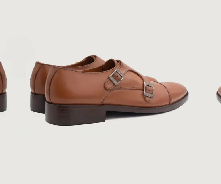 Boston Double Monk Strap Tan Leather Shoes Handcrafted Men's Footwear — Heel Counter & Rear View