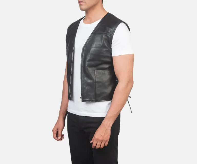 Brandon Black Leather Vest — Quarter Angle Profile & Armhole Detail