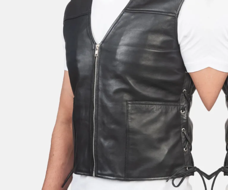 Brandon Black Leather Vest — Full-Length Model Editorial Presentation