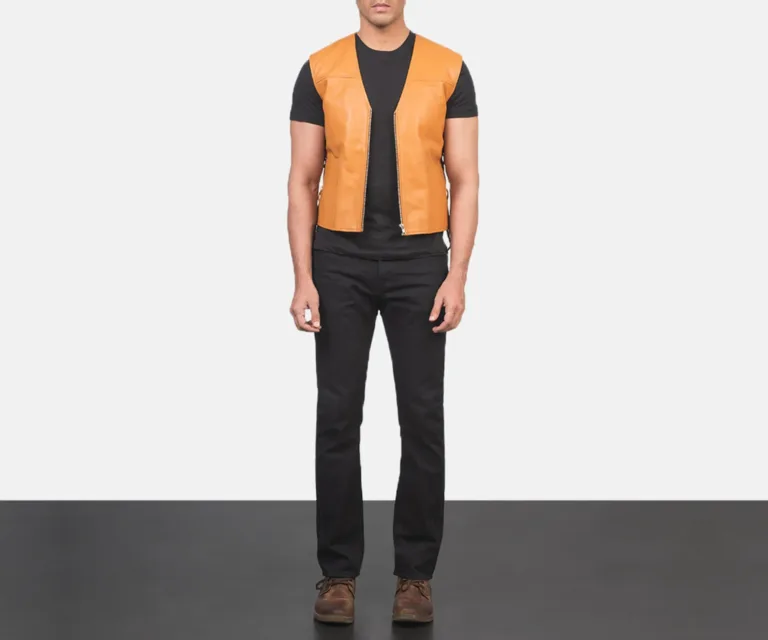 Brandon Tan Brown Leather Vest — Front Placket Closure & Collar Detail