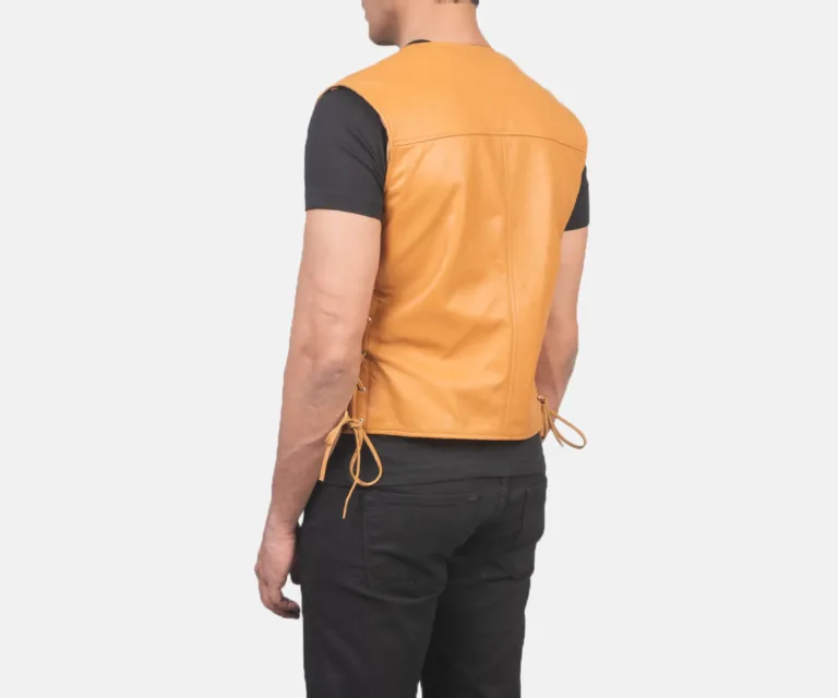 Brandon Tan Brown Leather Vest — Macro Detail Leather Grain, Stitching & Hardware
