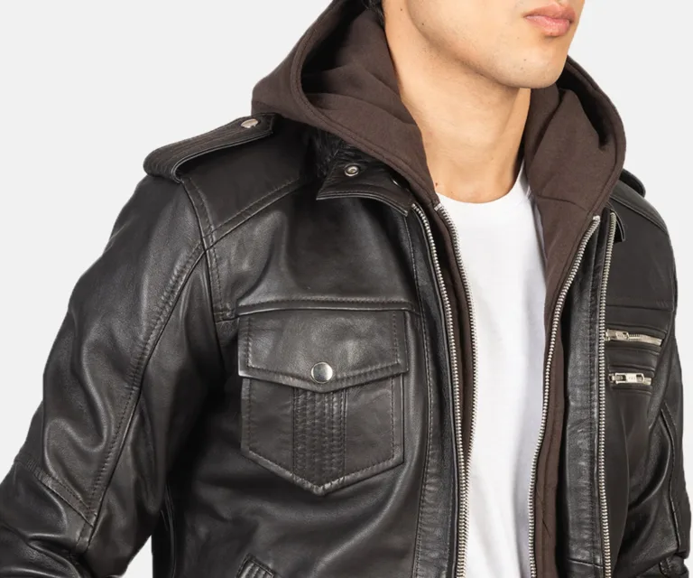 Bravado Brown Hooded Leather Bomber Jacket — view 5