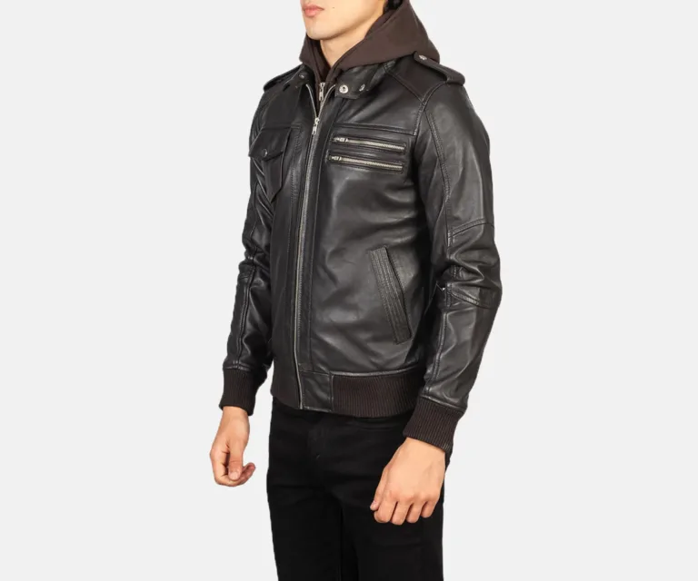 Bravado Brown Hooded Leather Bomber Jacket — view 2