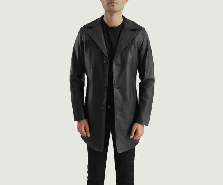 Brawnton Black Leather Coat — Front Open Hero Presentation