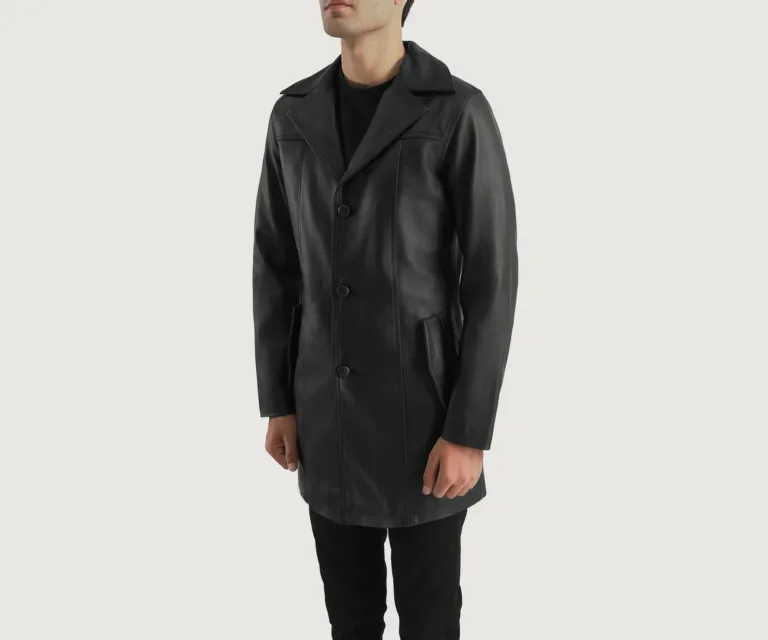 Brawnton Black Leather Coat — Quarter Angle Profile & Contoured Sleeve Detail