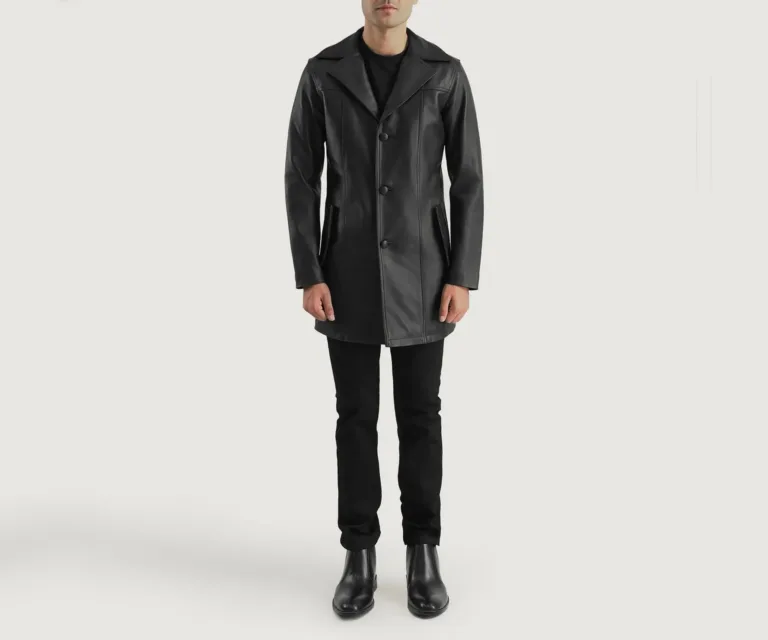 Brawnton Black Leather Coat — Front Lapel Closure & Button Detail