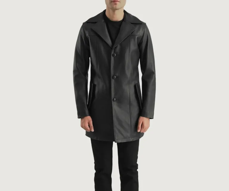 Brawnton Black Leather Coat — Rear Back View & Tailored Vent Hemline
