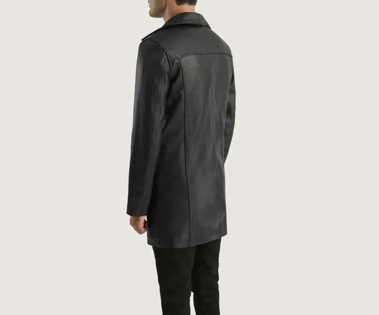 Brawnton Black Leather Coat — Macro Detail Leather Grain, Stitching & Buttons