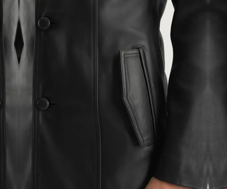 Brawnton Black Leather Coat — Full-Length Model Editorial Presentation