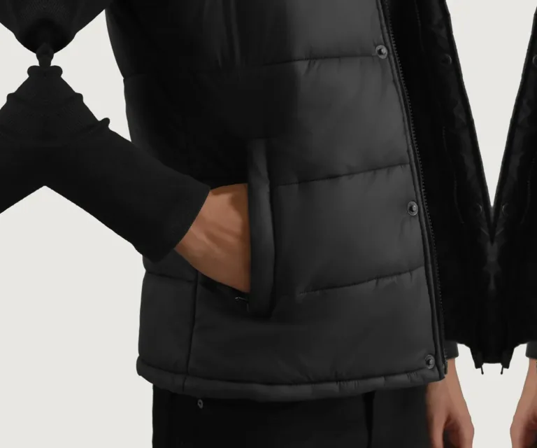 Bryan Black Puffer Vest — Macro Hardware & Fabric Texture
