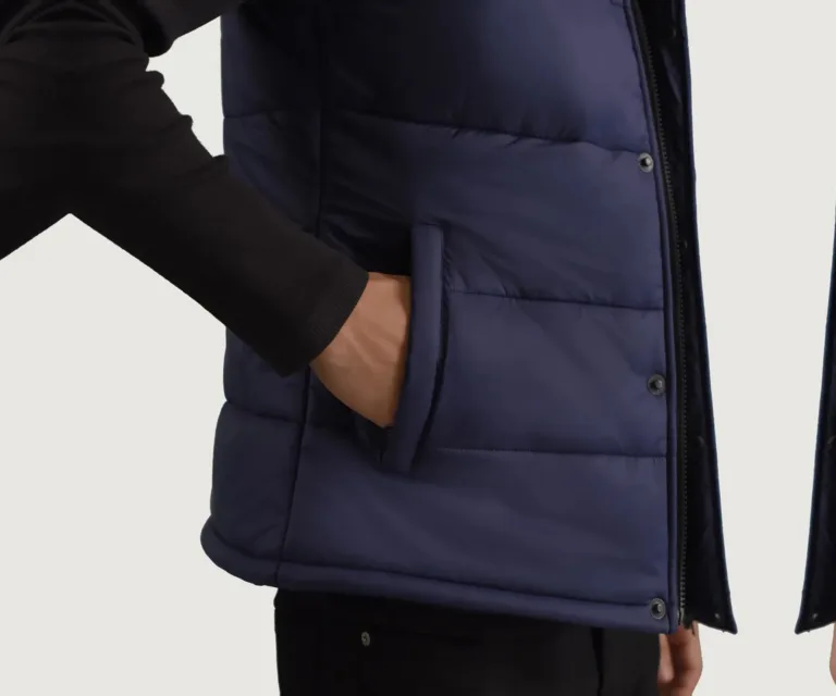 Bryan Blue Puffer Vest — Macro Hardware & Fabric Texture