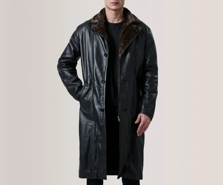 Cai Black Leather Shearling Coat — Front Hero View