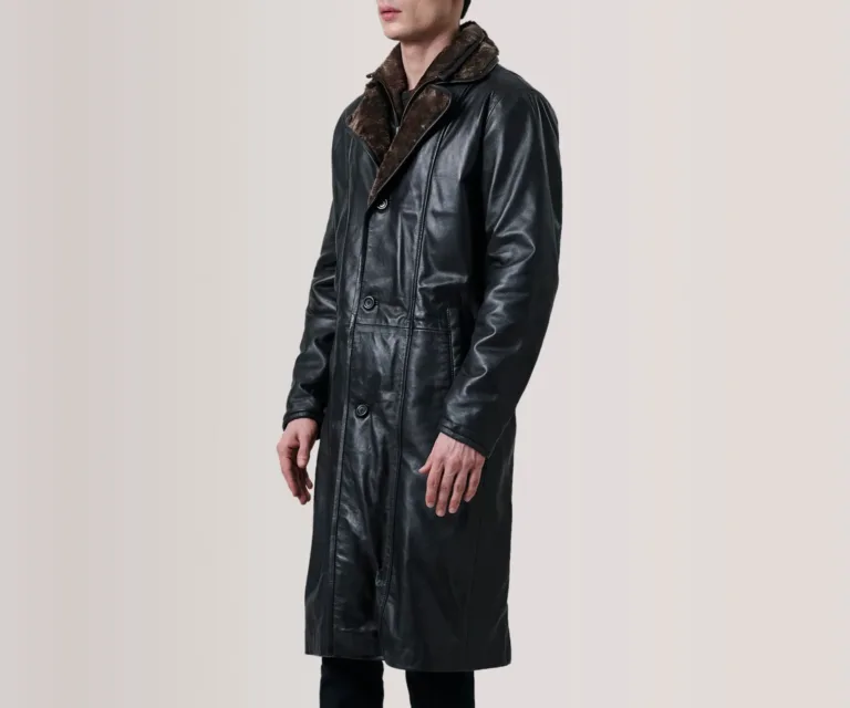 Cai Black Leather Shearling Coat — Front Detail & Closure